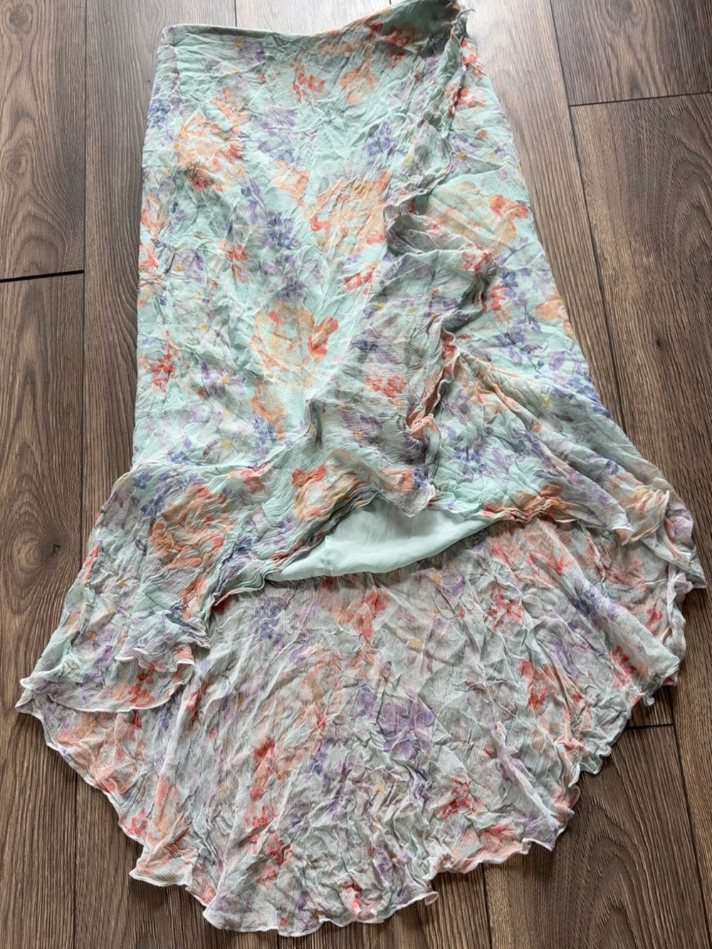 Alice + Olivia Floral Ruffle Asymmetrical Midi Skirt Size 8 Mint Green Silk-Look - Picture 13 of 13